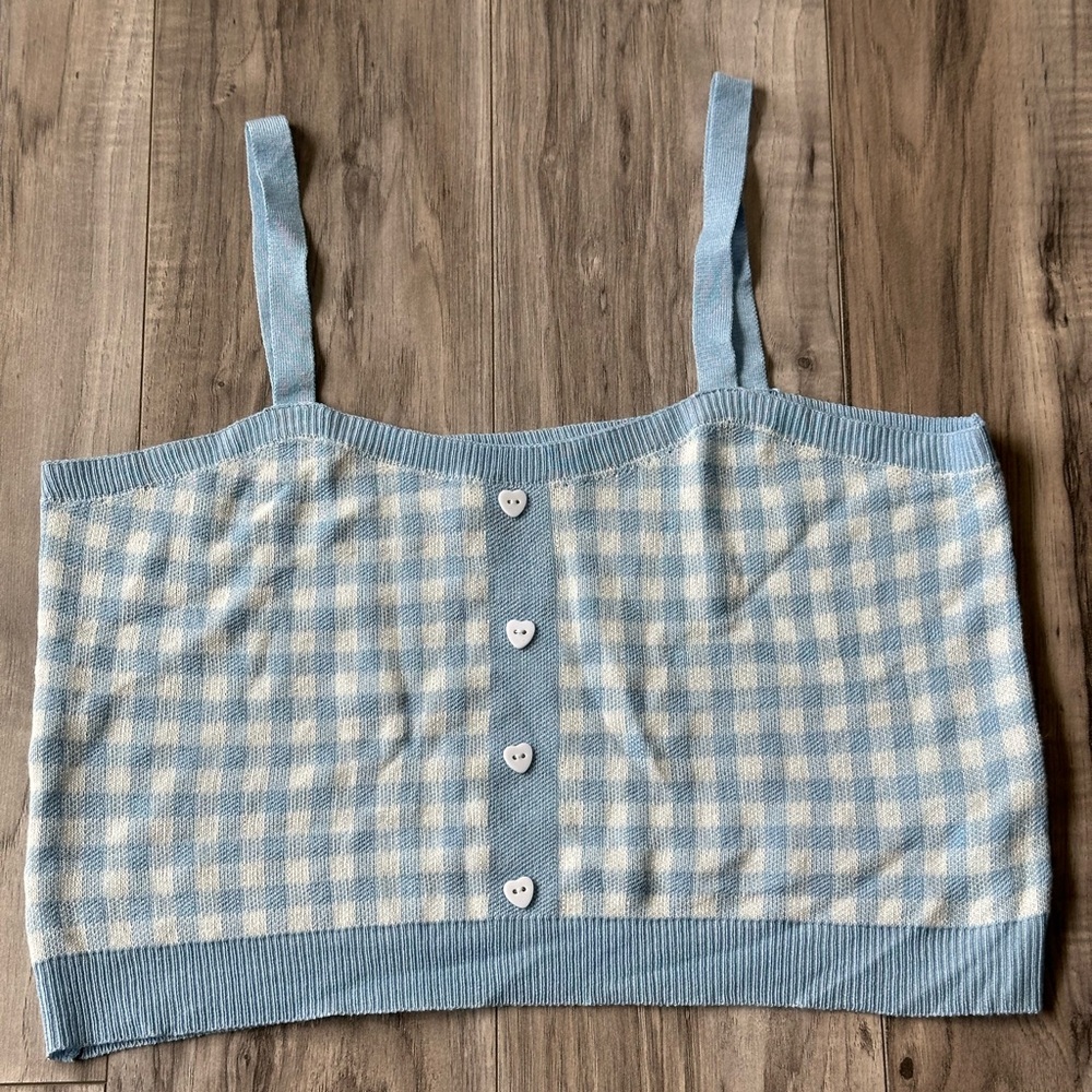 Cider Copped Plaid Camisole Top with Heart Buttons in Blue and White Size XL